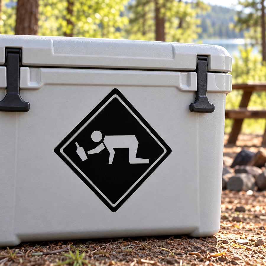 Black road-sign style decal showing a person walking, crossing caution icon