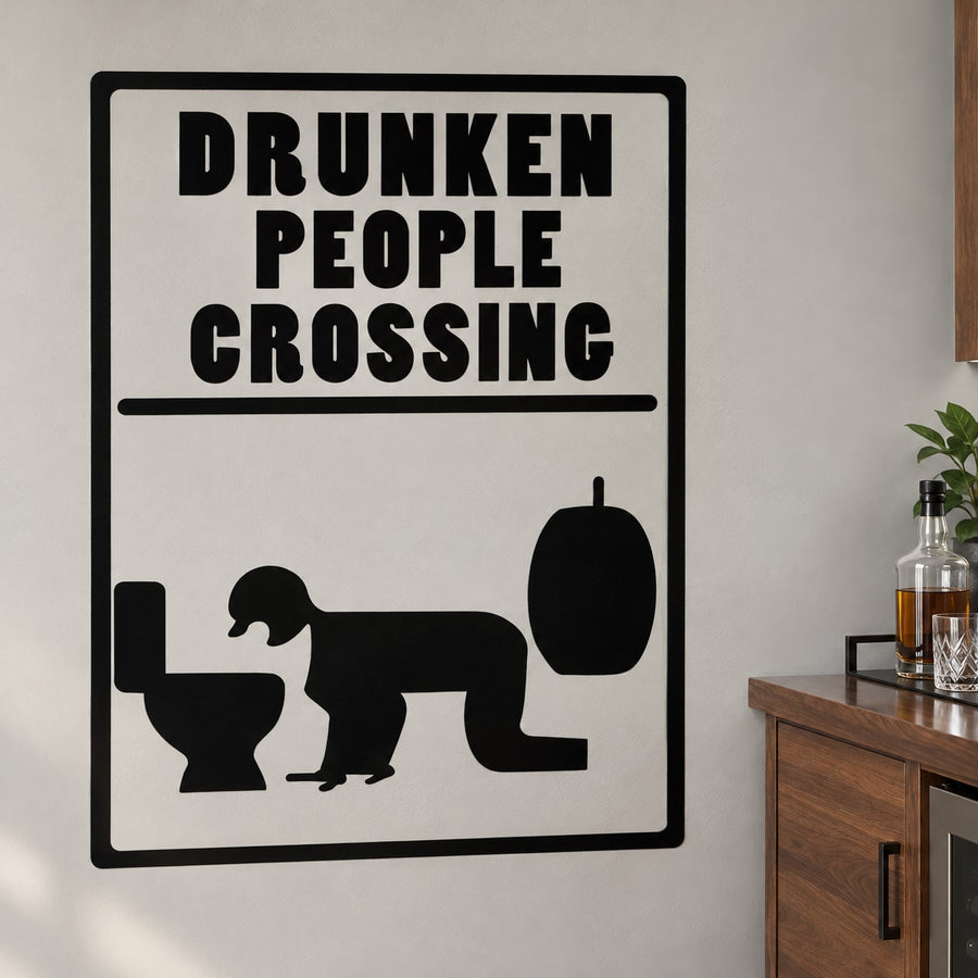 Black "Drunken People Crossing" sign decal with crossing person silhouettes