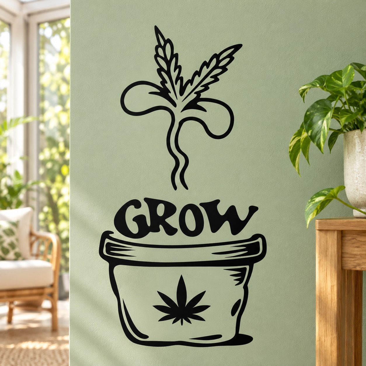 Black grow marijuana wall decal with plant sprout above pot and leaf icon