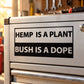 Rectangular wall decal with bold uppercase text: “HEMP IS A PLANT” and “BUSH IS A DOPE”