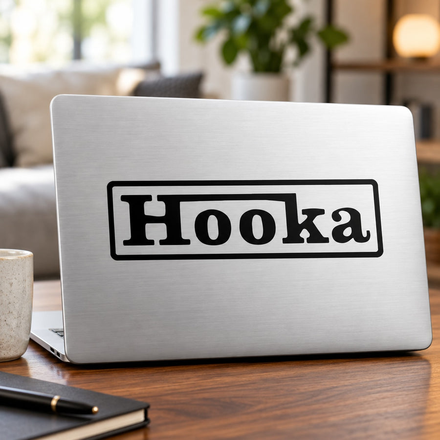 Hooka decal sticker with bold black outlined Hooka logo on light background