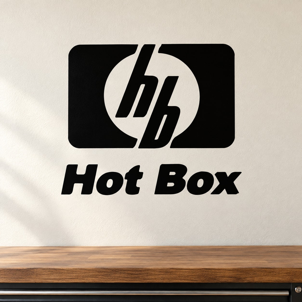 Hot Box decal with black logo and Hot Box text