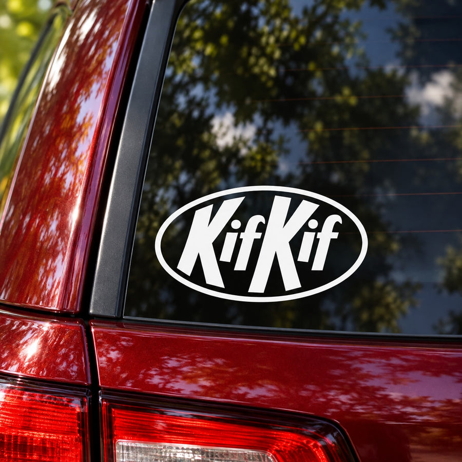 Car candy decal with white oval KifKif logo on red vehicle window