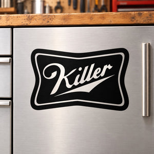 Killer decal with black and white stylized logo lettering inside a rounded rectangle