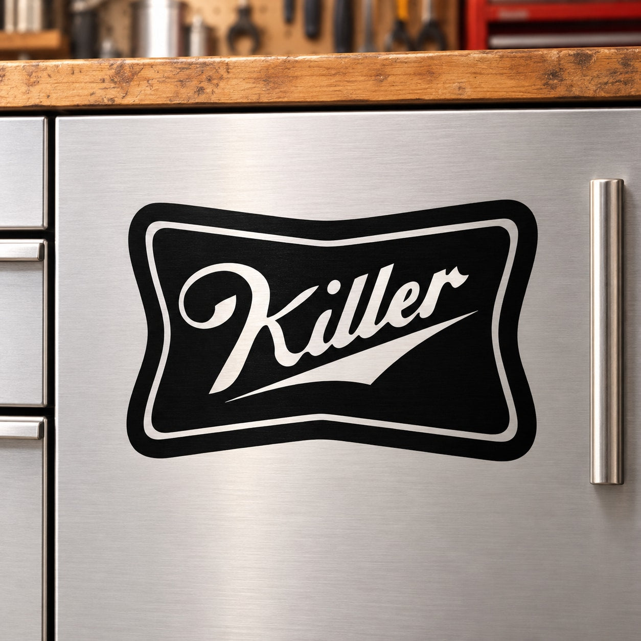 Killer decal with black and white stylized logo lettering inside a rounded rectangle