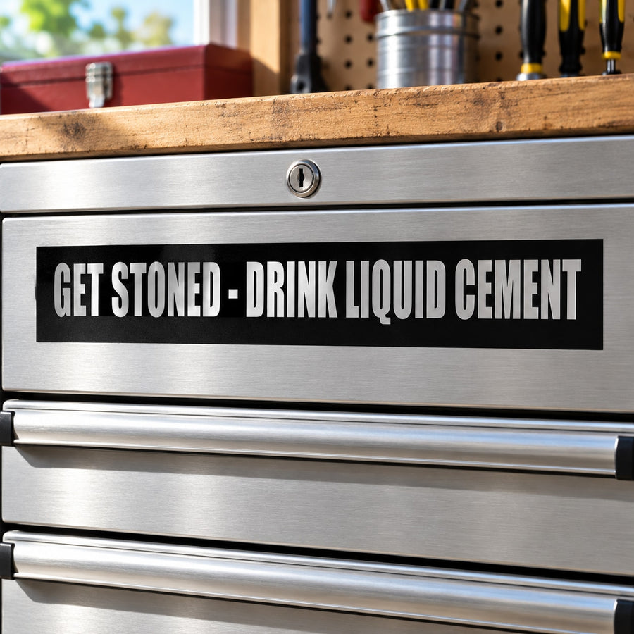 Drink liquid cement decal with “Get Stoned” text on metal surface