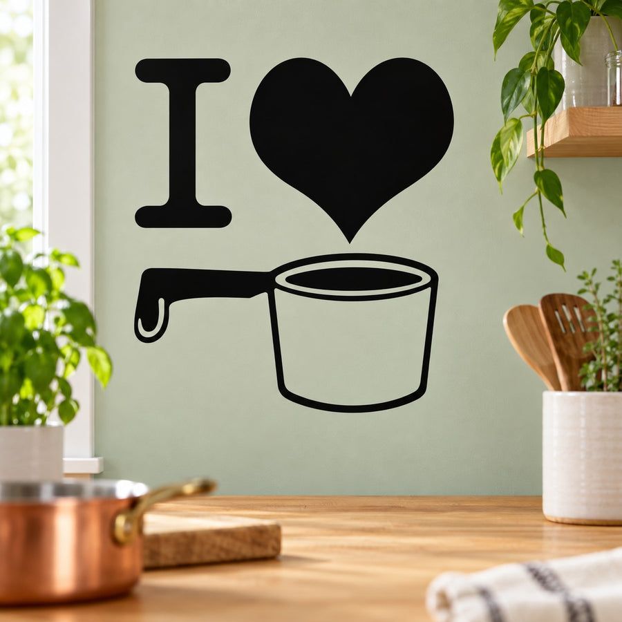 Black wall decal with 'I', heart, and potted plant outline