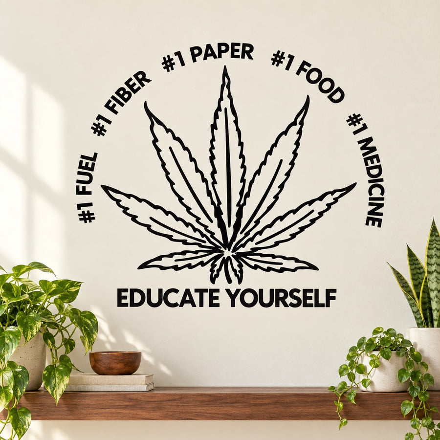 Marijuana leaf wall decal with 'Educate Yourself' and hashtag style text