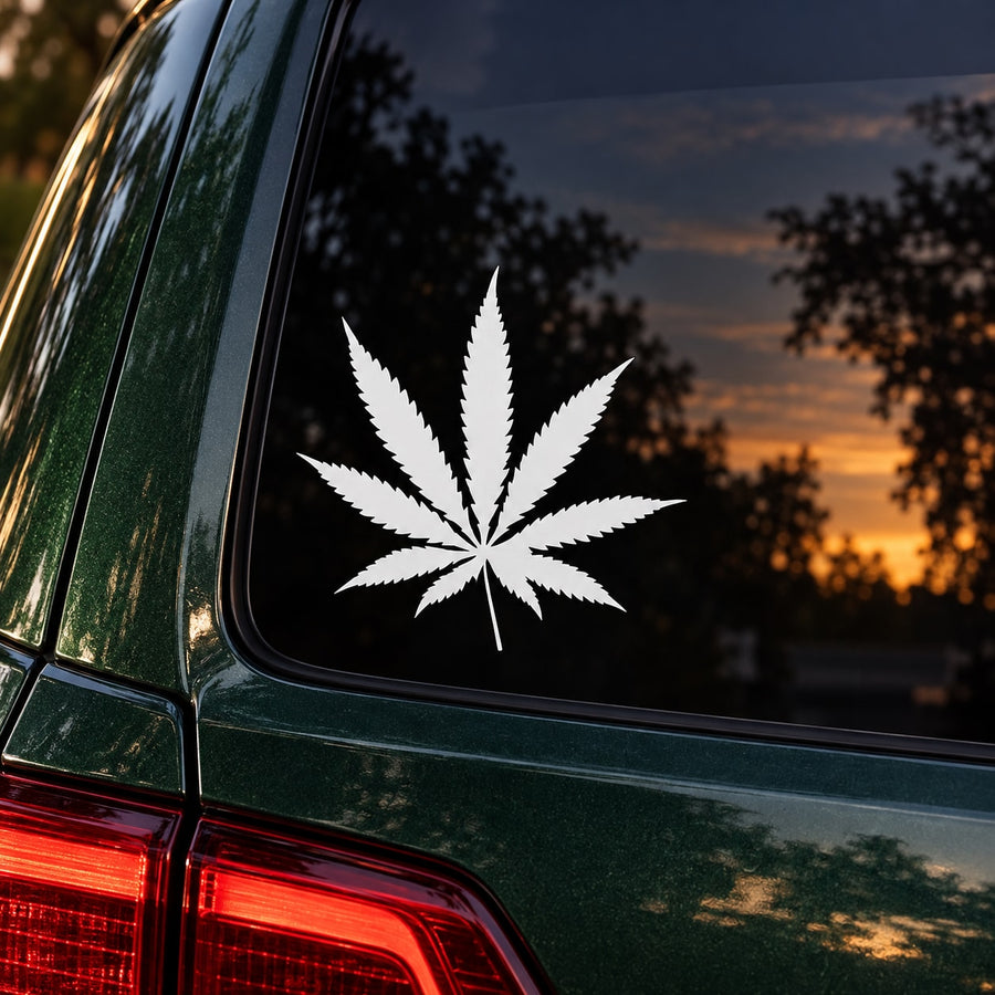 Marijuana Leaf Decal — illustrative vinyl decal application mockup. Surrounding objects are not included.