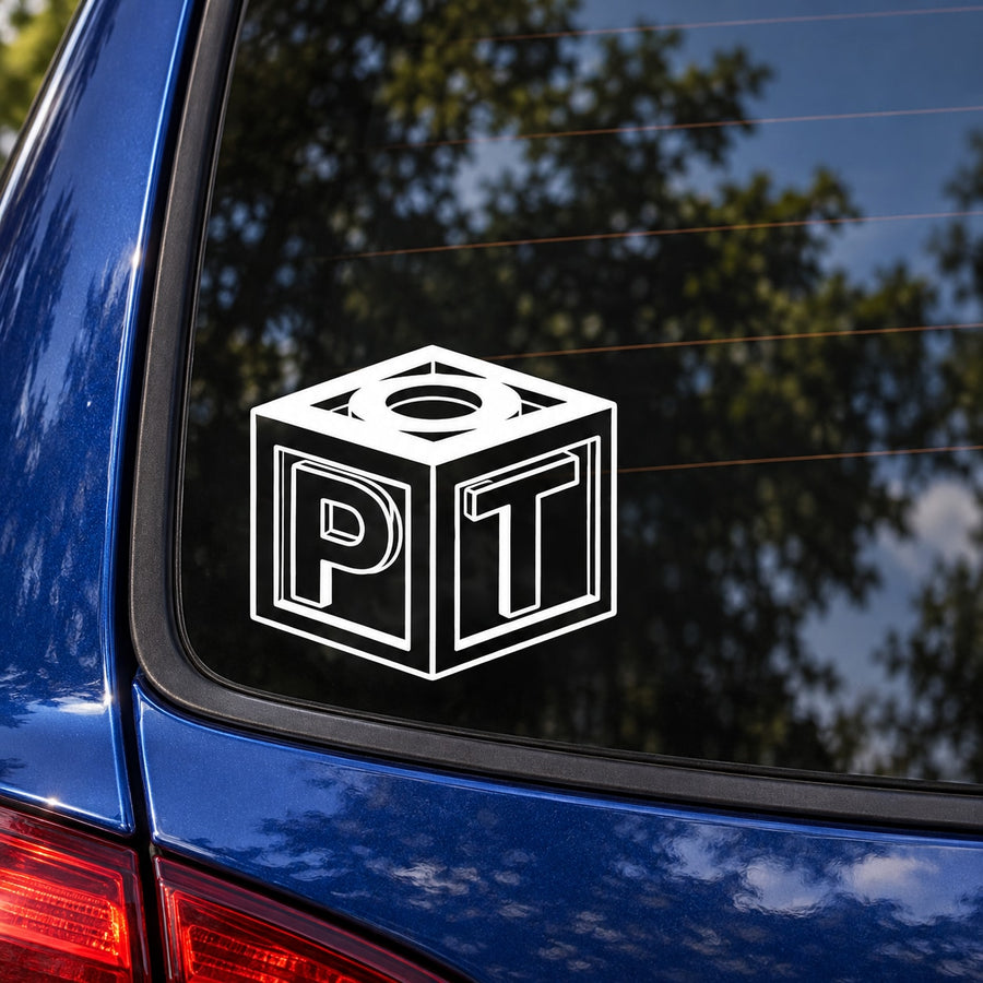 White POT monogram cube decal sticker with PT letters and circular emblem