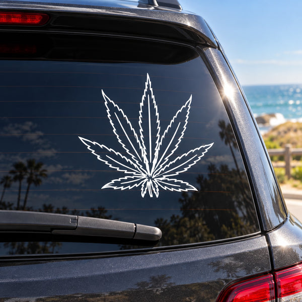 White pot leaf decal on car window glass