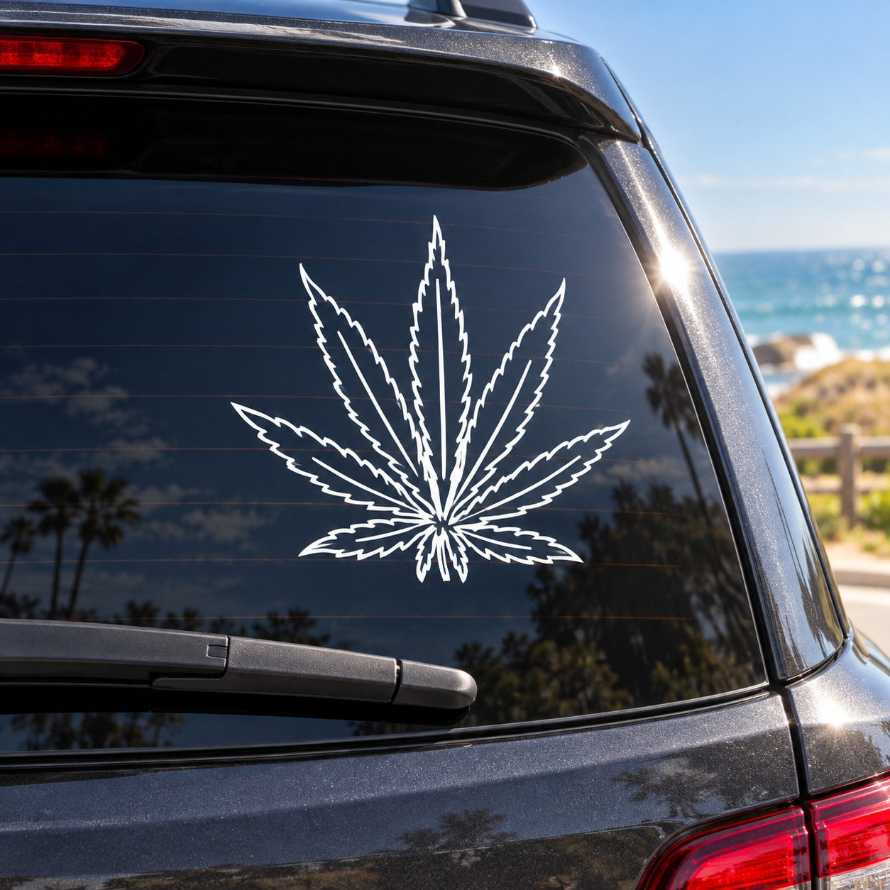 White pot leaf decal on car window glass