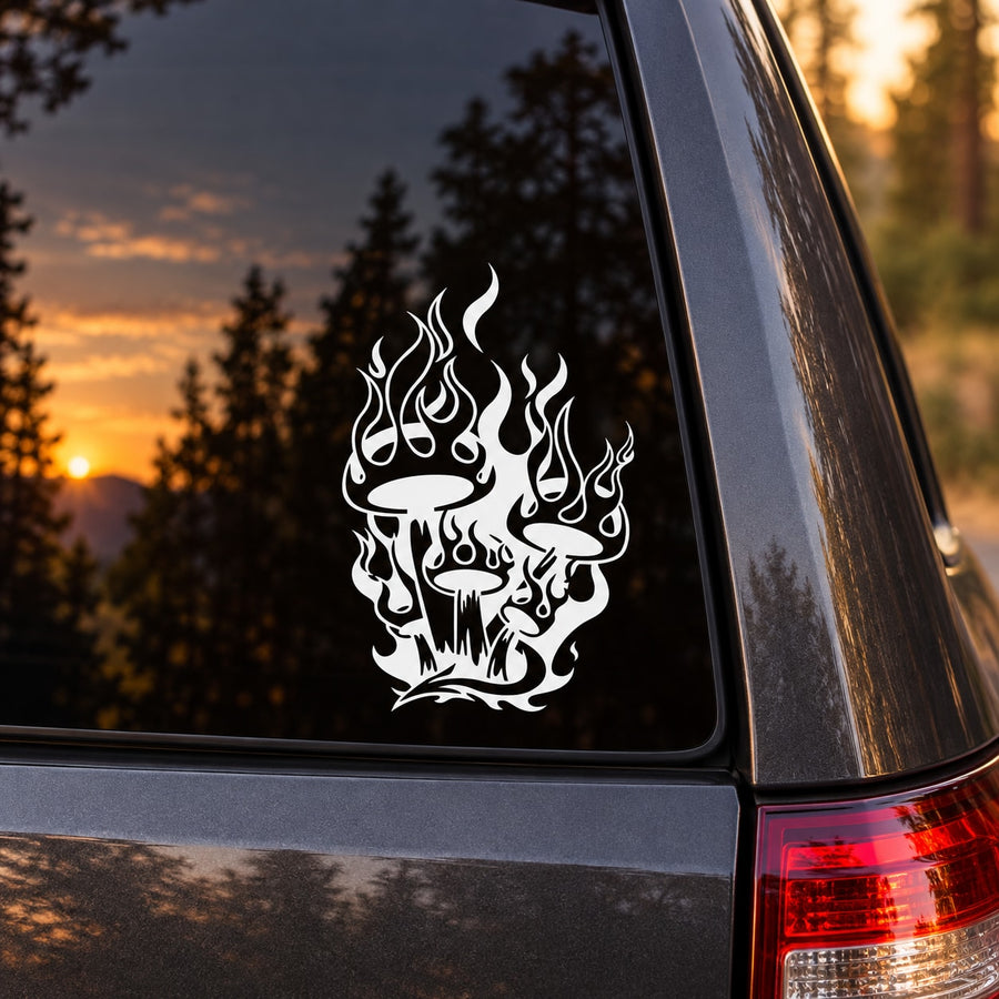 White flaming mushrooms skull decal for car window