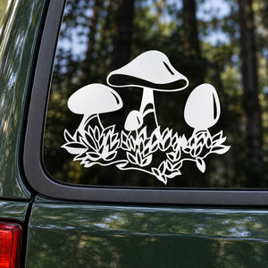 Mushroom patch decal with three white mushrooms and leafy grass design