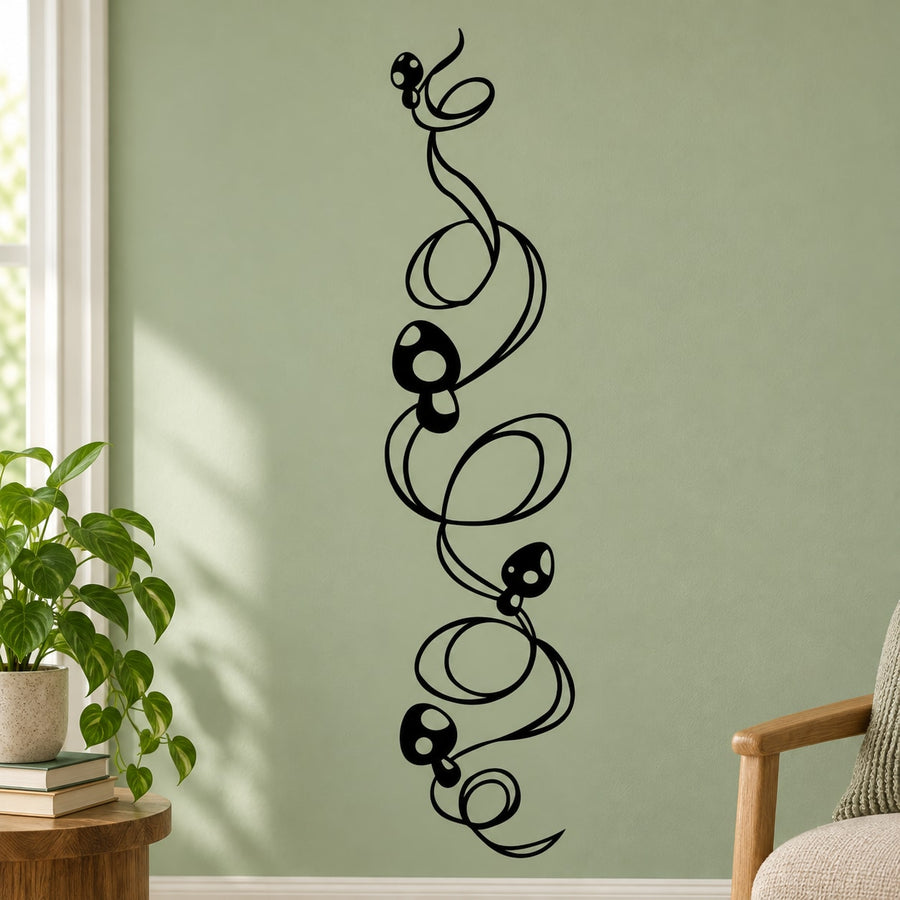 Black whimsical line-art mushroom decal with stacked shapes and small dots