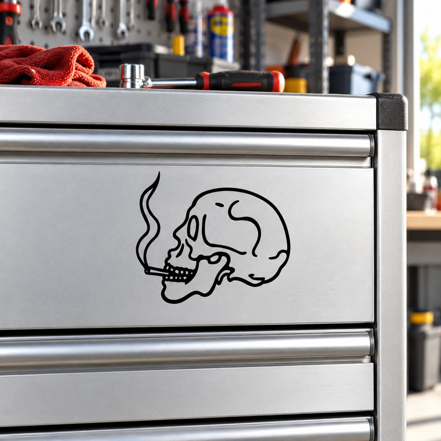 Smoking skull decal sticker on metal cabinet panel