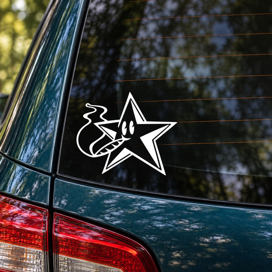 Black star decal with white smoking joint line art