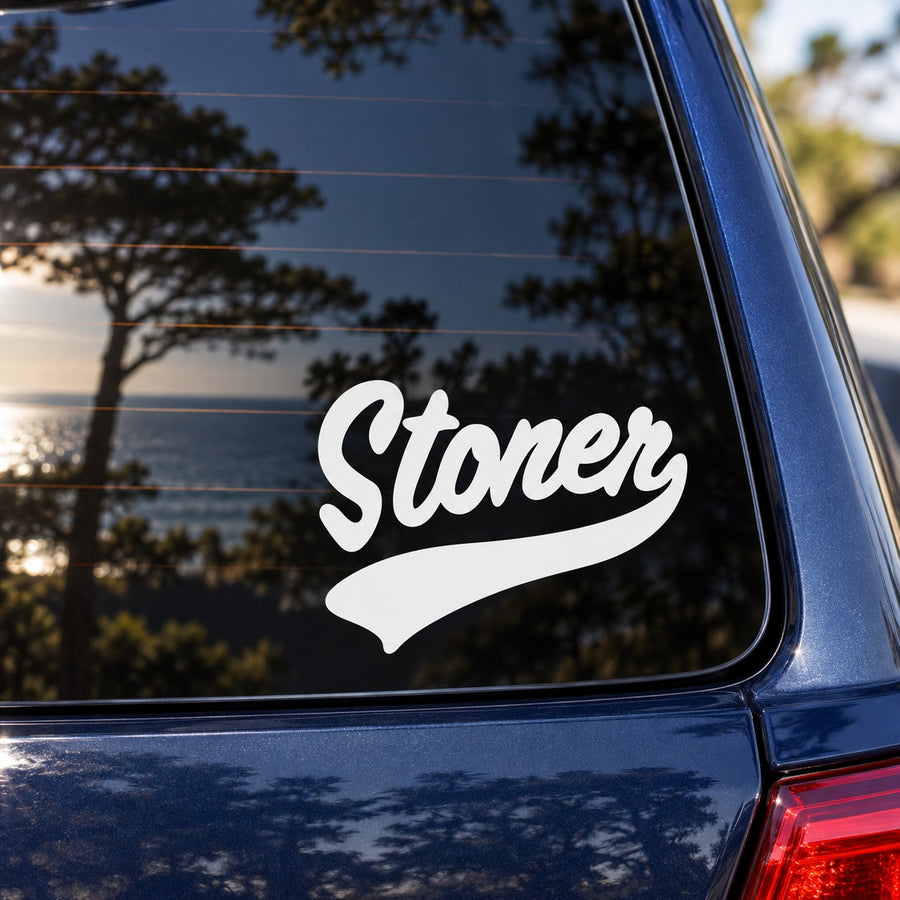White Stoner script vinyl decal on blue car window