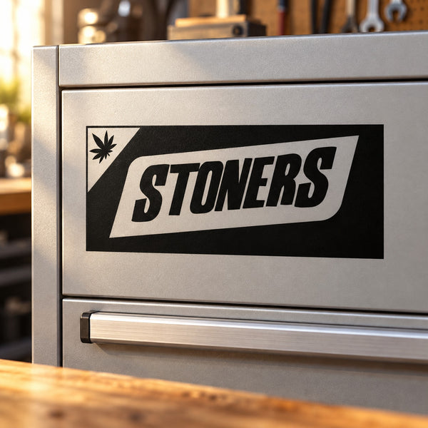 Stoners candy bar decal with black rectangle logo and leaf detail