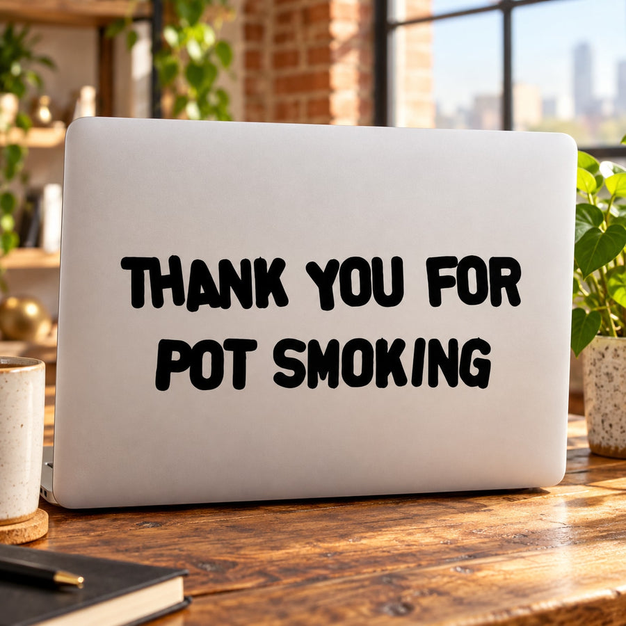 White decal with bold black text: 'THANK YOU FOR POT SMOKING'.
