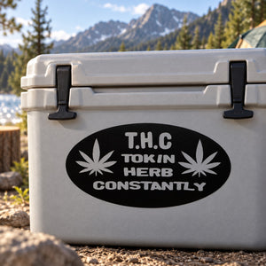 Grey cooler with black oval THC TOKIN HERB CONSTANTLY decal and cannabis leaf icons