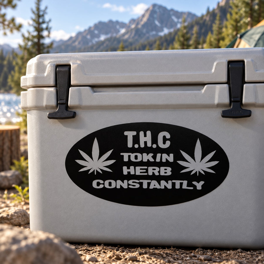 Grey cooler with black oval THC TOKIN HERB CONSTANTLY decal and cannabis leaf icons