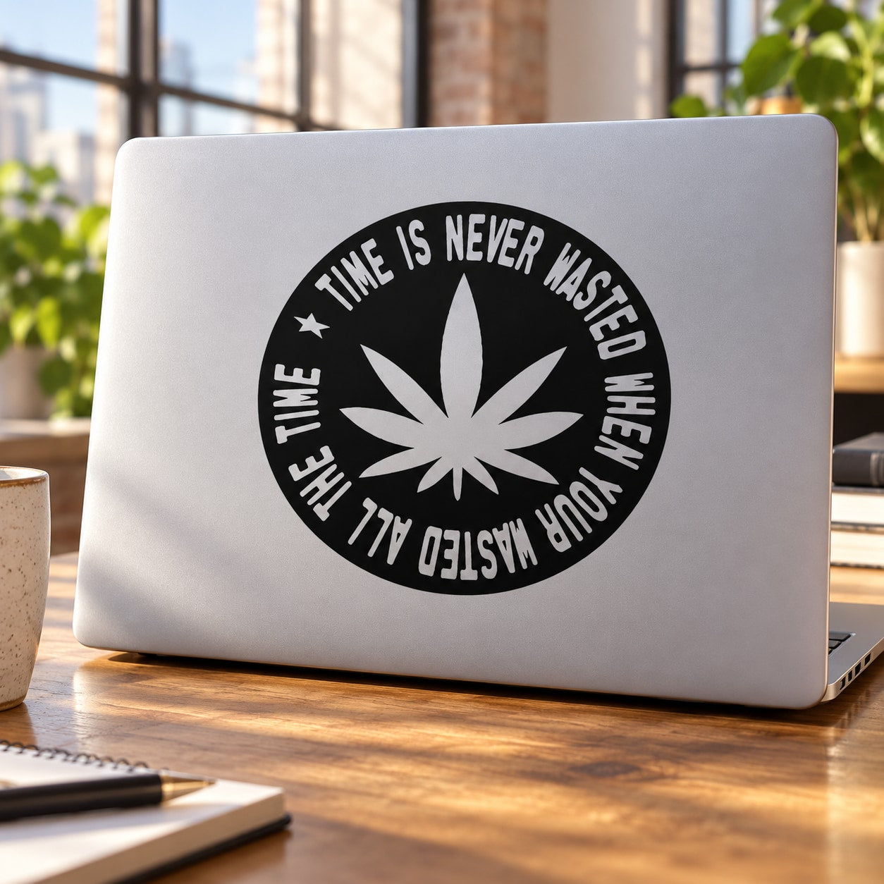 Black circular marijuana slogan vinyl decal with cannabis leaf graphic