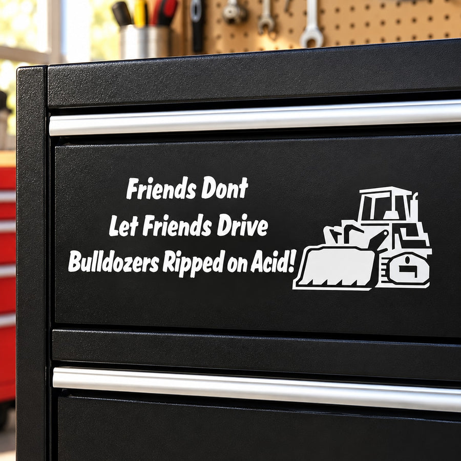 Black sign panel with white bulldozer graphic and slogan decal