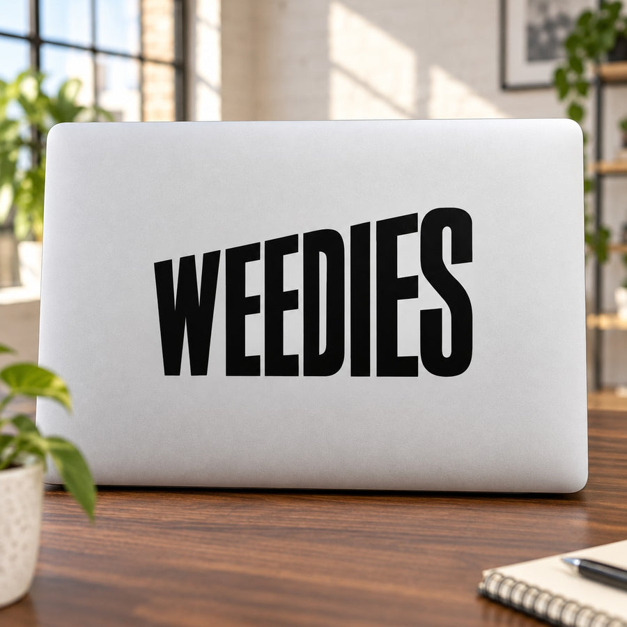 Black "WEEDIES" decal on a white laptop