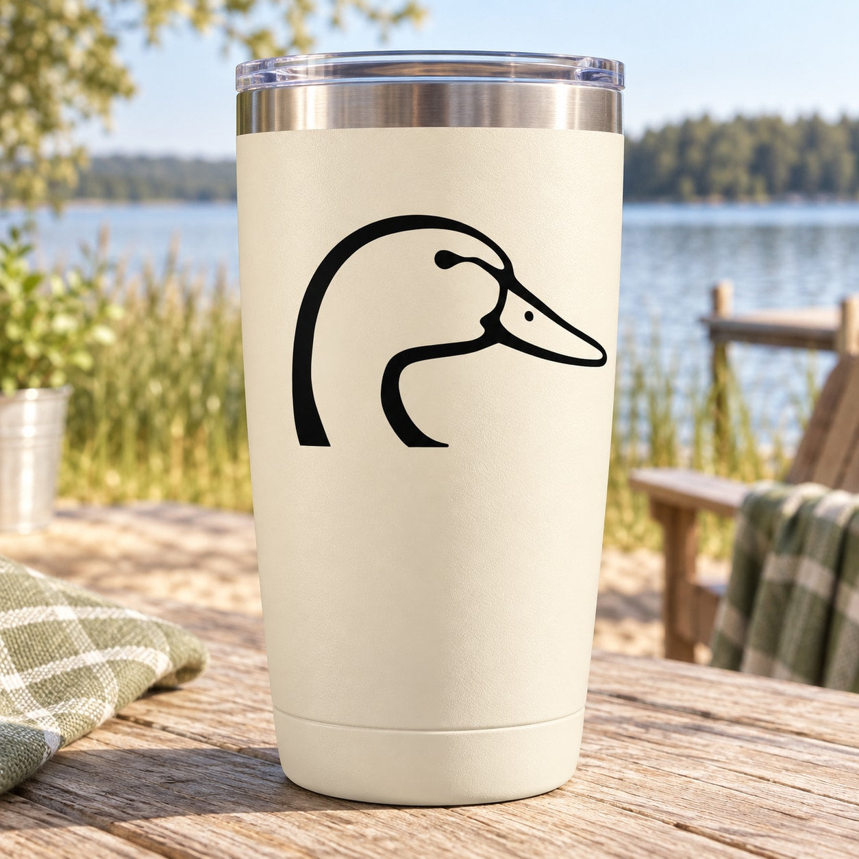 Black duck head decal on a white tumbler with clear lid