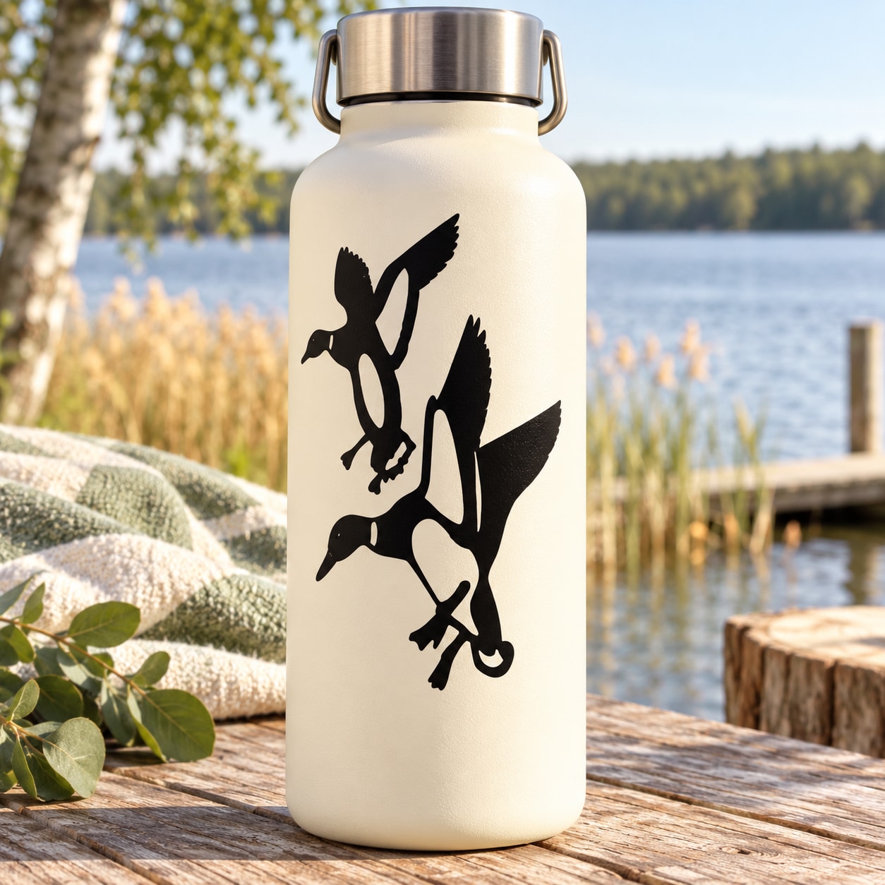 Black decal of two flapping ducks on a bottle