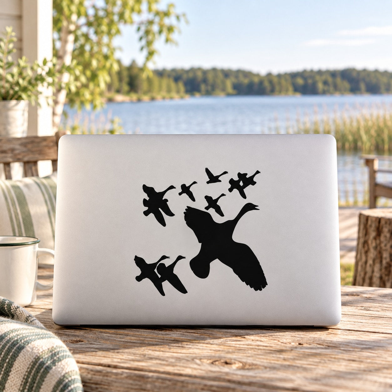 Duck flock flying together decal with black bird silhouettes