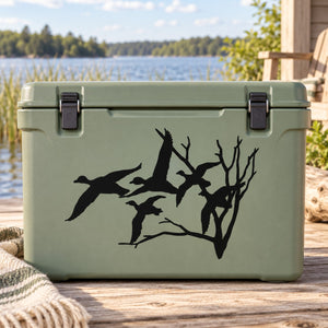 Light green cooler with black duck and branch flying decal