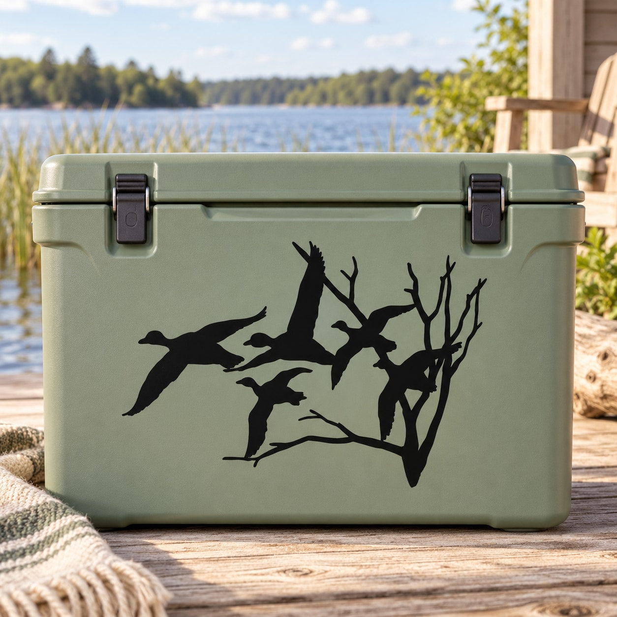 Light green cooler with black duck and branch flying decal