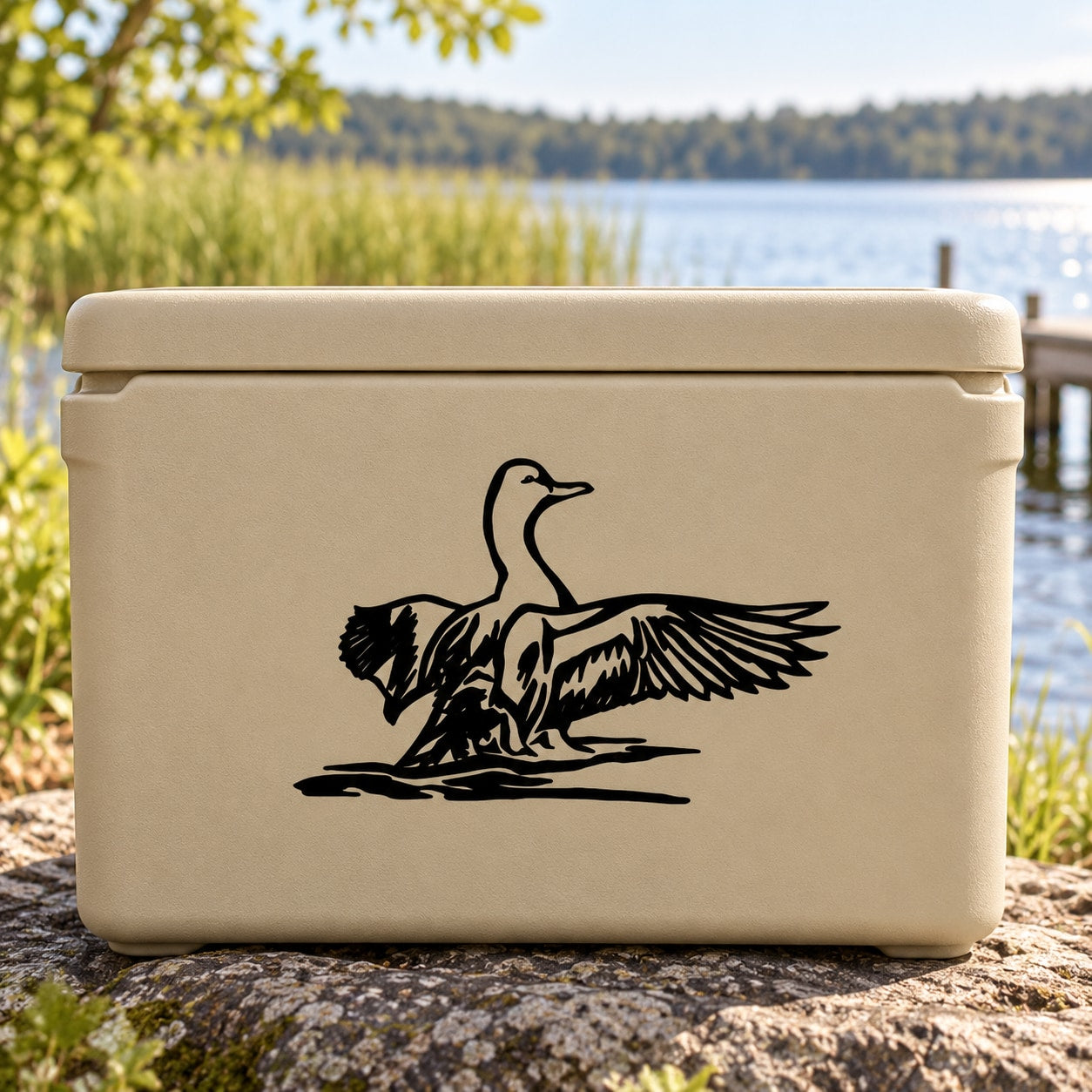 Beige cooler with black duck decal stretching its wings
