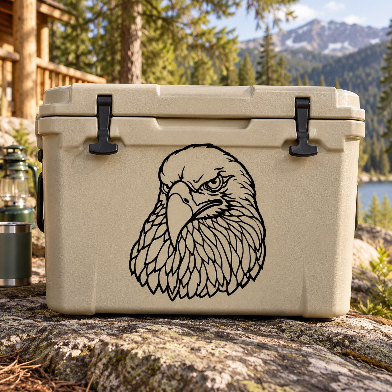 Eagle head decal in black line art on a light gray cooler