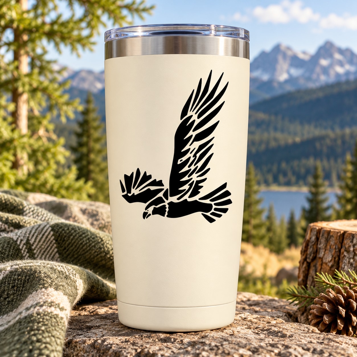 White insulated tumbler with black flying eagle decal