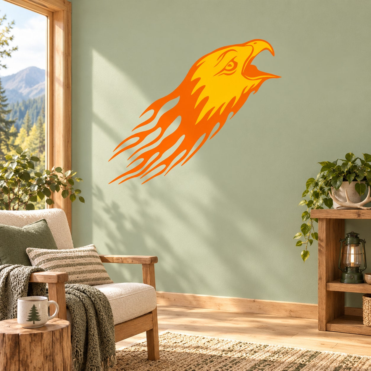 Eagle head sticker in bright orange with bold flame-style lines