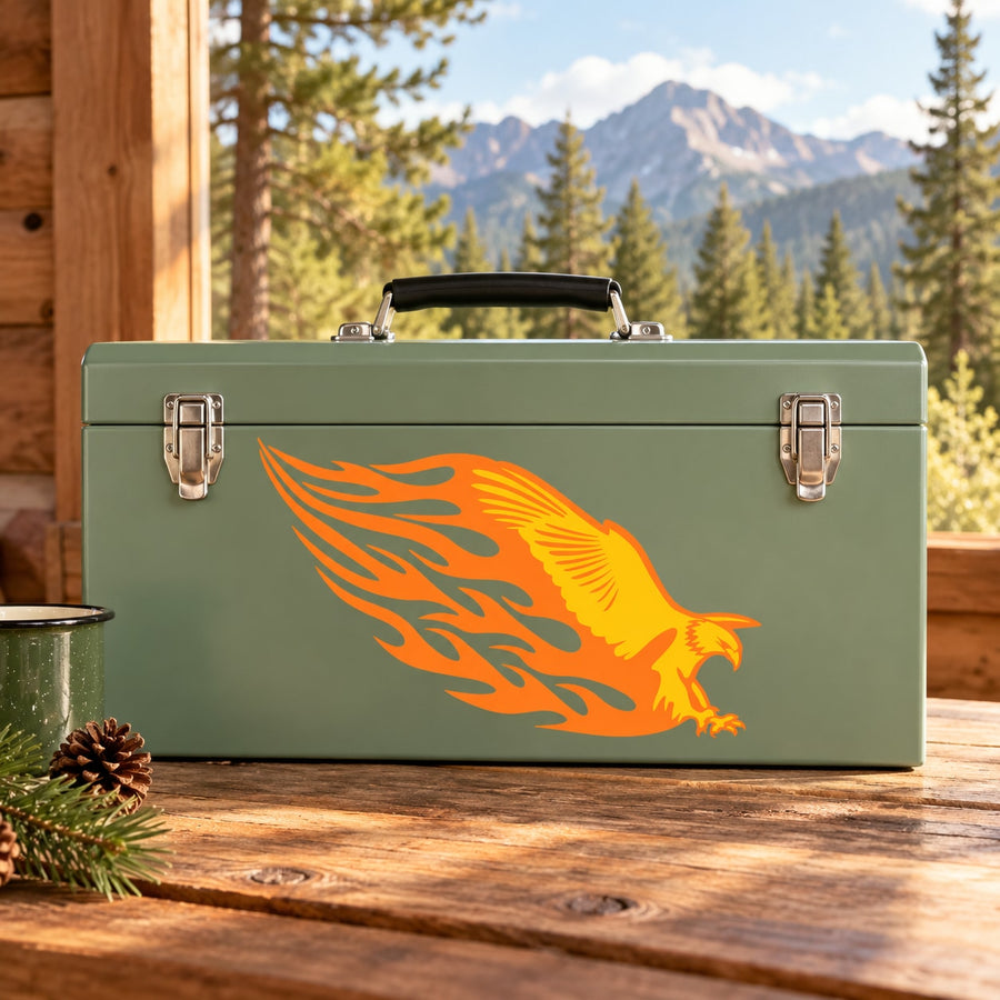 Flame eagle hunting sticker with orange burst wings on a green metal toolbox