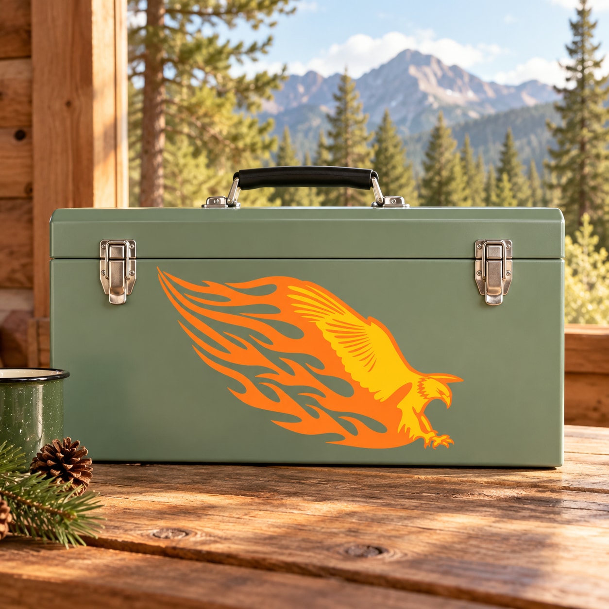Flame eagle hunting sticker with orange burst wings on a green metal toolbox