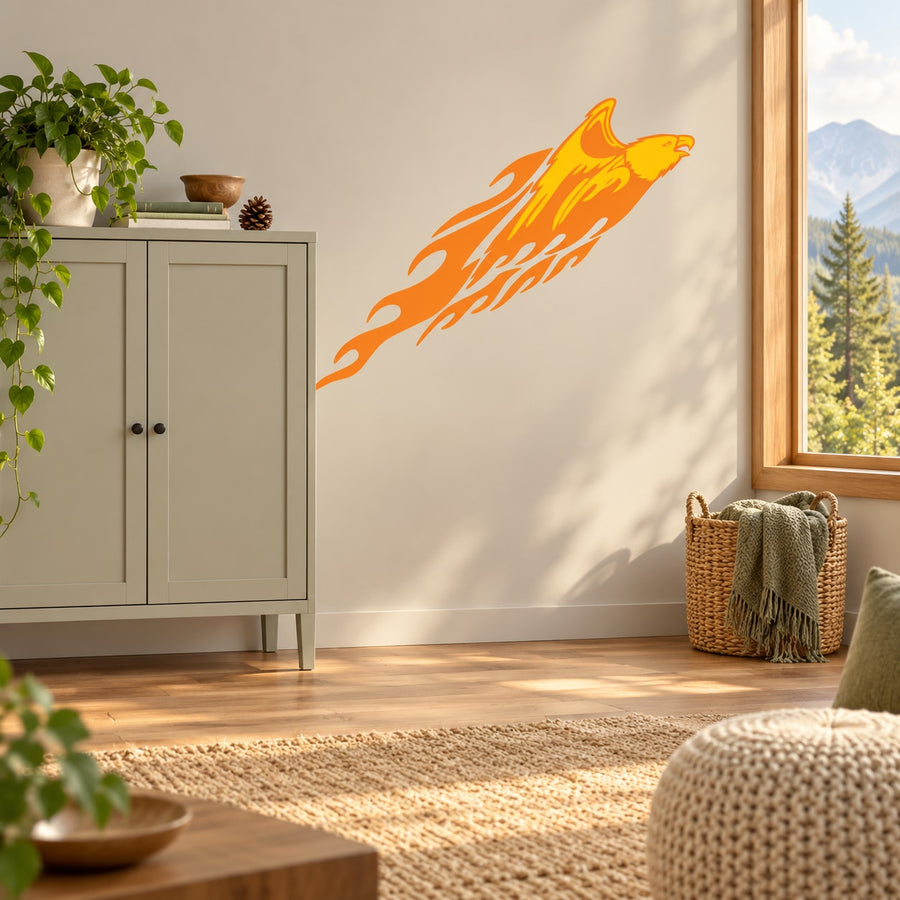 Gliding eagle flame-burst wall sticker in bright orange