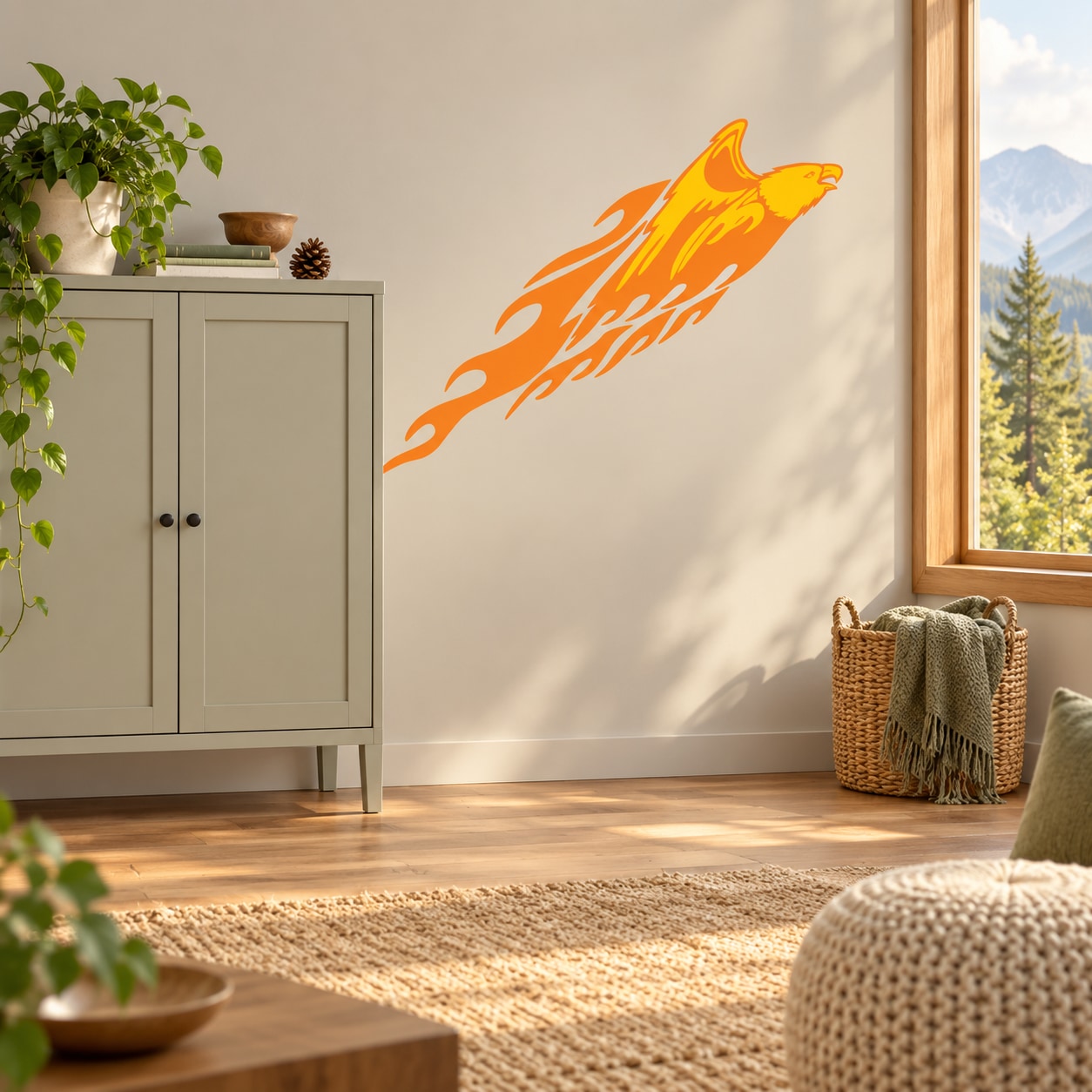 Gliding eagle flame-burst wall sticker in bright orange