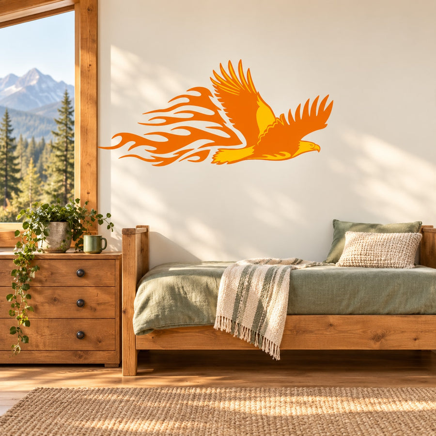 Eagle hovering sticker with orange fire trail design