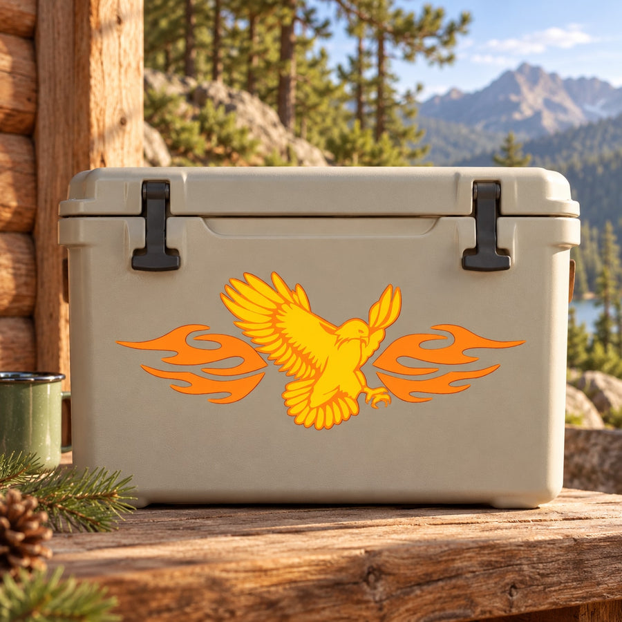 Orange and yellow eagle sticker with flame wings on light rectangular background