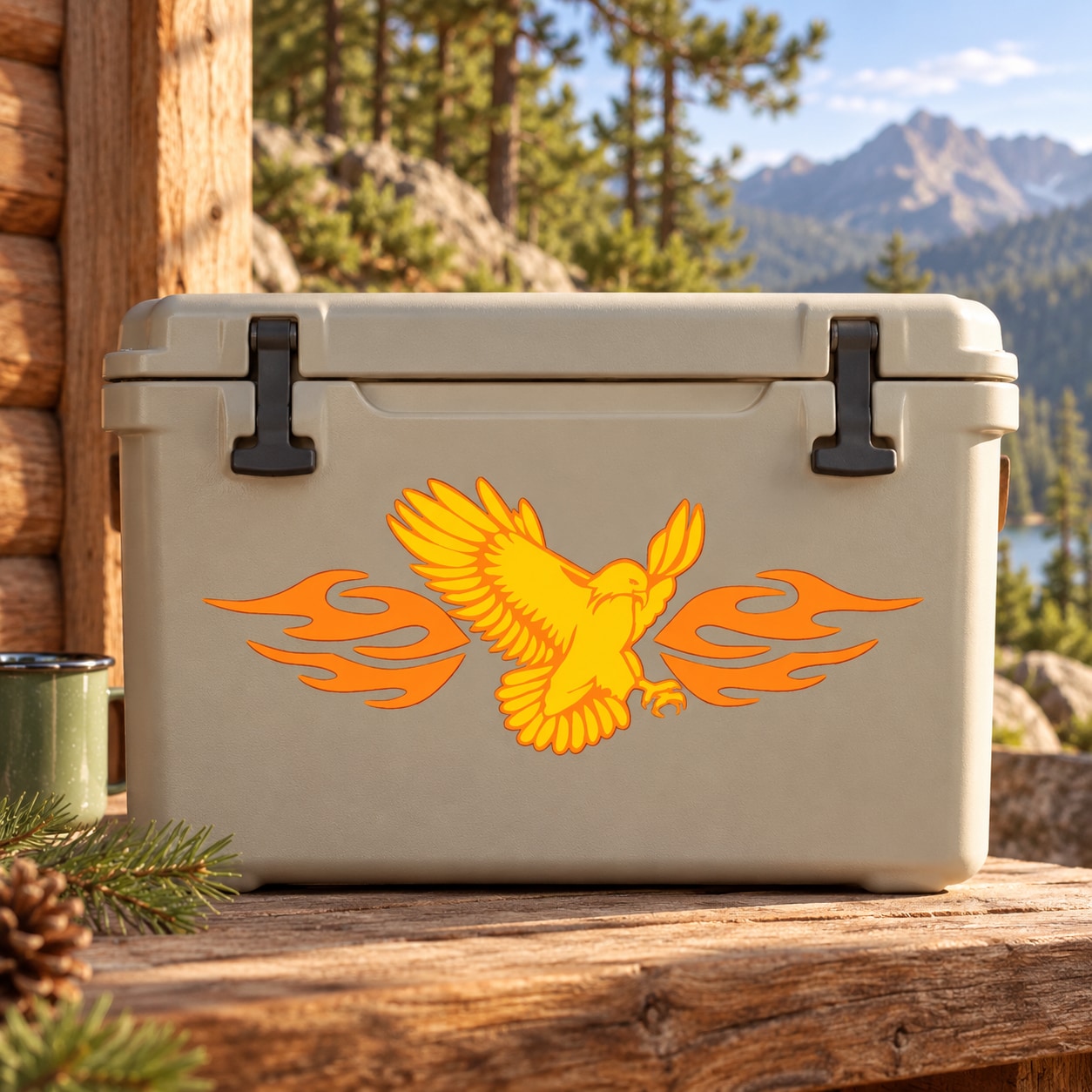 Orange and yellow eagle sticker with flame wings on light rectangular background