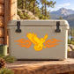 Orange and yellow eagle sticker with flame wings on light rectangular background
