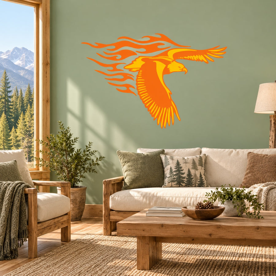 Flying eagle and flame design wall sticker in orange and yellow