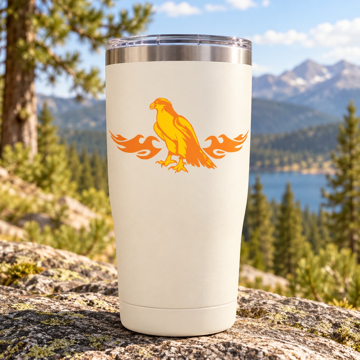 Fire standing eagle decal sticker with yellow bird and orange flame accents on light backing