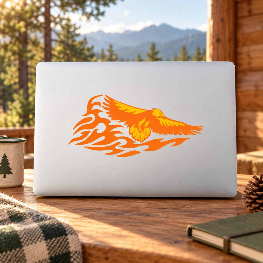 Flying eagle flame-style sticker, orange and yellow graphic on white backing.