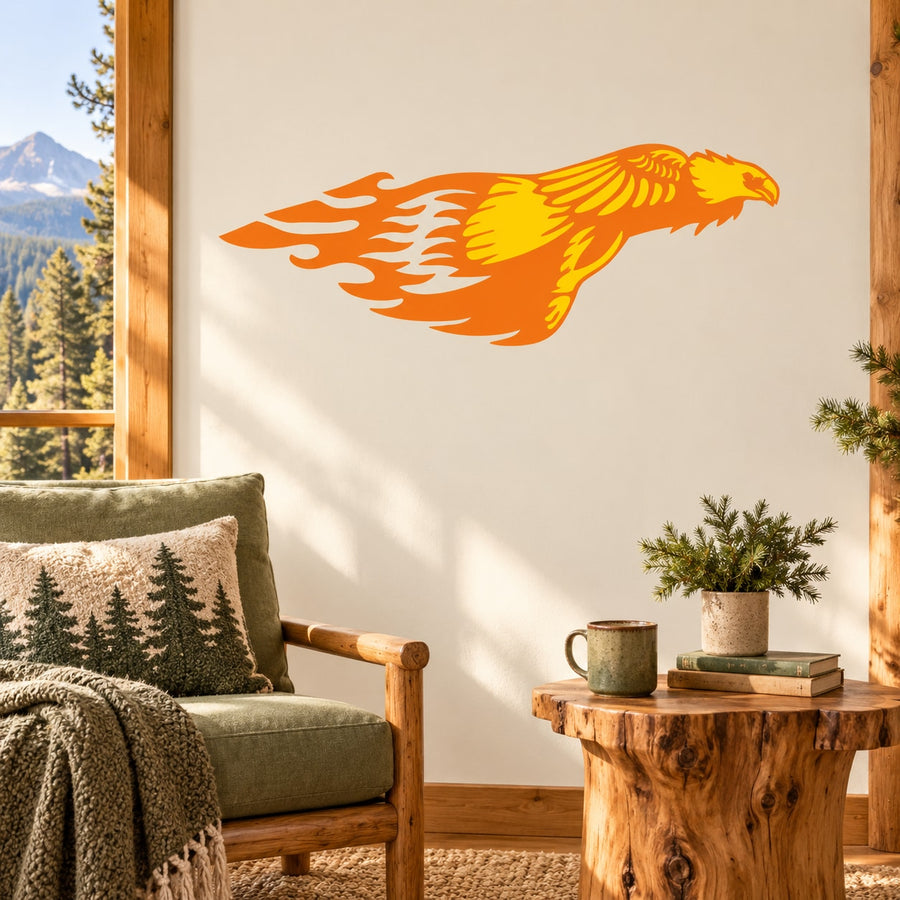 Flaming eagle sticker with orange and yellow winged design
